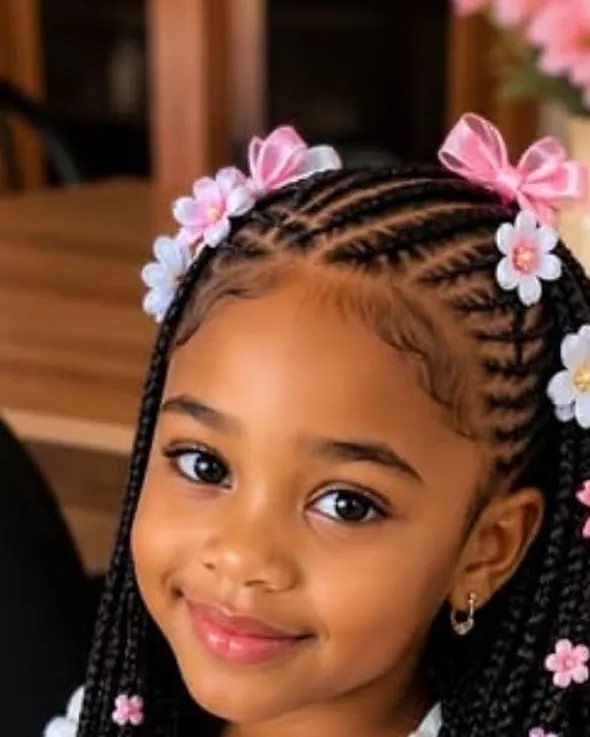 Little girl with cornrows, beads and pink flower clips